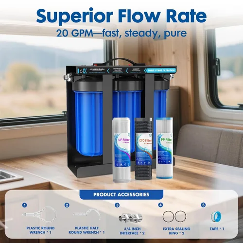 Vista 5 de Sistema de Filtro de Agua para RV, Sistema de Filtración de Agua para RV de 0.01 Micrón, Filtración de 5 Etapas PP+CTO+UF, Elimina Sedimentos