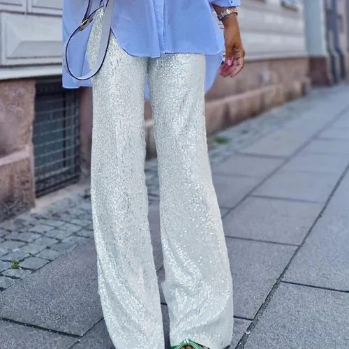 Vista 2 de Pantalones rectos de lentejuelas para mujer, elásticos, de cintura alta, brillantes, acampanados, con purpurina y pierna ancha