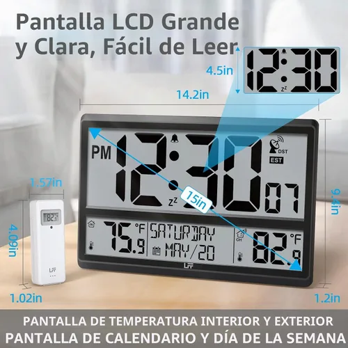 Vista 3 de Reloj atómico LFF de 4.5" con números, reloj de pared atómico que nunca necesita configuración, temperatura interior y exterior con sensor Negro