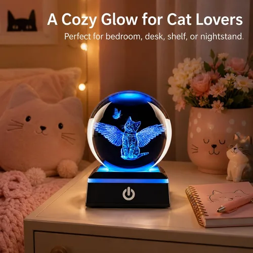 Vista 2 de Bola de cristal 3D con forma de gato y luz nocturna, regalos para mujeres, esposa, novia, niños, lámpara de cristal de 3.15 pulgadas, decoración