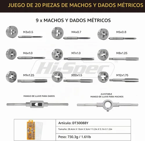 Vista 2 de Hi-Spec Juego de roscas y troqueles métricos, 20 piezas M3–M12 Kit de reparación de roscas para rosca de tornillo y perno, herramientas básicas