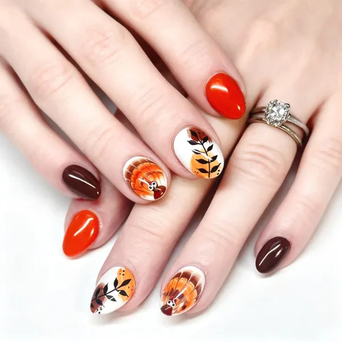 Vista 17 de 24 uñas postizas a presión de hoja de arce, uñas de almendra de longitud media, uñas postizas retro con hojas de otoño con diseño de Acción de Uñas