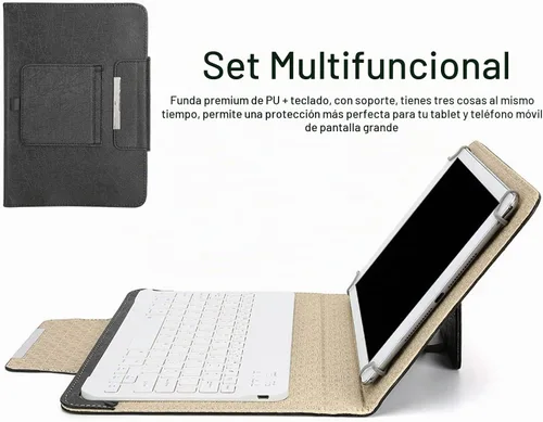 Vista 4 de Teclado Bluetooth con funda de poliuretano para Android iOS Smartphone, soporte para tableta de 9.7-10.1 pulgadas, cubierta universal de teclado