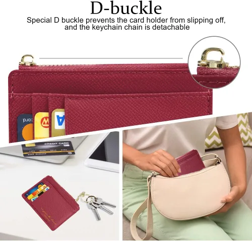Vista 33 de URAQT Cartera para tarjetas de crédito, cartera minimalista de cuero delgado con cremallera, mini protector de tarjeta de crédito, llavero bolsillo