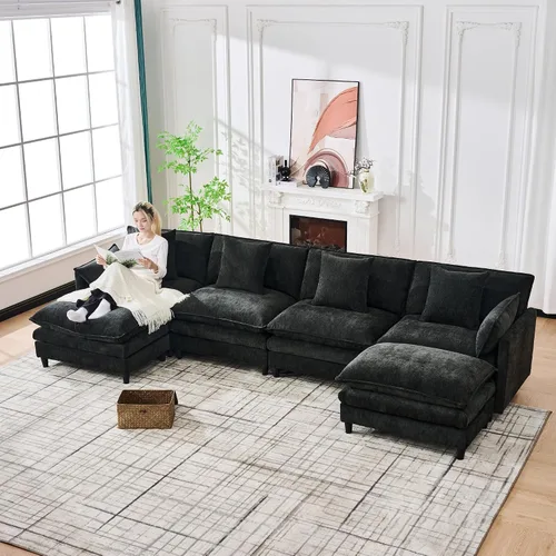 Vista 5 de Sofá modular convertible seccional, sofá de 4 asientos en forma de L con diván reversible, sofá de nube de asiento profundo, sofá cama 3 en 1, tela