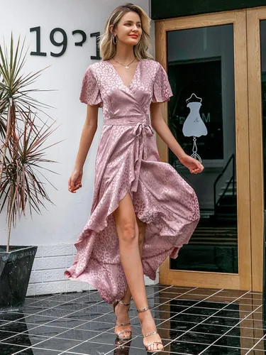 Vista 2 de Miessial - Vestido largo de gasa para mujer, para el verano, con cuello en V, volantes y lunares, vestido cruzado para ir a la playa