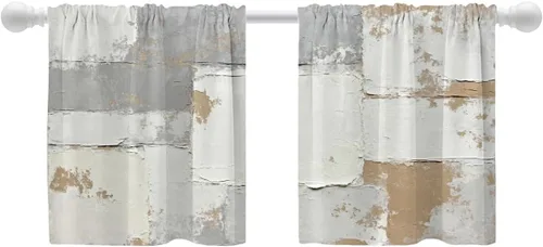 Vista 180 de Shrahala Beige and Orange Abstract Art Brushstrokes Blackout Curtain Tiers, Abstract Oil Paint Kitchen Valance Light Blocking Tier Drapes with Rod