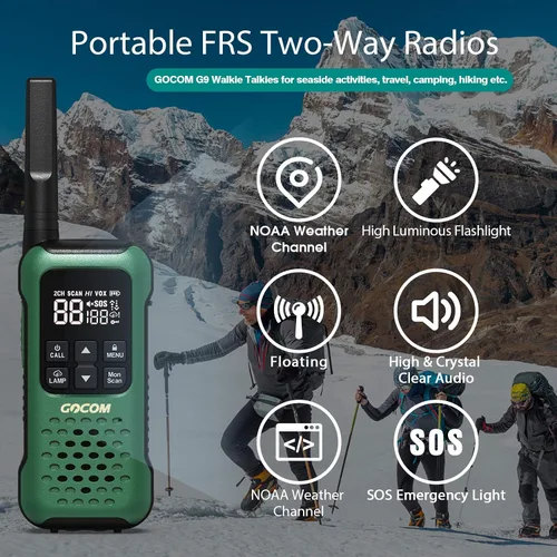 Vista 2 de GOCOM G9 Walkie Talkie impermeable para adultos de largo alcance, radio flotante portátil de dos vías, alerta meteorológica NOAA, SOS, linterna