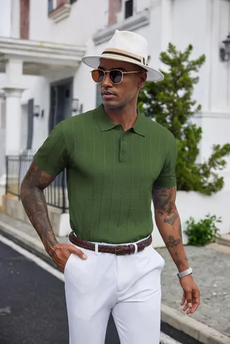 Vista 3 de COOFANDY Camisas polo de punto para hombre de manga corta con textura acanalada Camisas de golf casuales y ligeras con cuello Camiseta de polo