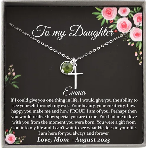 Vista 39 de Collar de hija relleno de oro de mamá o papá, collar clásico de perlas blancas con mensaje significativo, listo para regalar