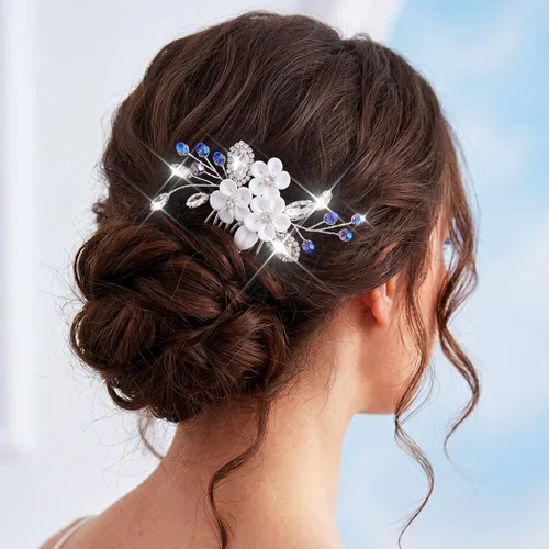 Vista 2 de Catery Peine para el cabello de boda con diseño de flores para novia, color plateado, pequeño peine lateral azul, accesorios de joyería para mujeres