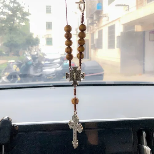 Vista 7 de Nazareth Store Espejo retrovisor para coche, rosario, protección de una década, cuentas de madera, coronilla católica