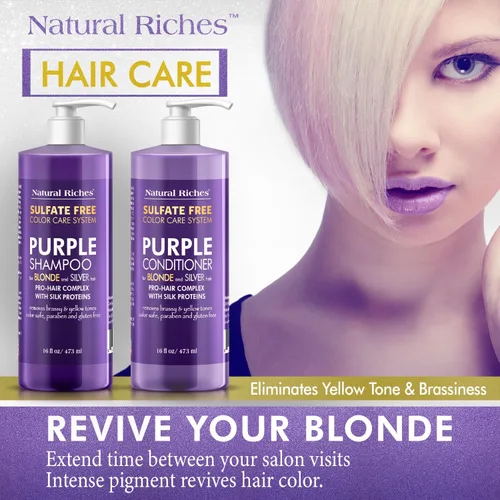 Vista 2 de Natural Riches Juego de champú y acondicionador morado para cabello rubio, plateado y gris, sin sulfatos, seguro para el color, elimina los tonos