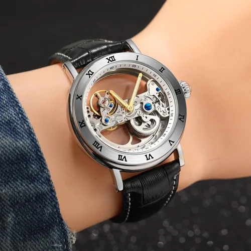 Vista 5 de FORSINING Reloj de esqueleto con correa de piel auténtica, diseño único de lujo, movimiento automático, estilo popular