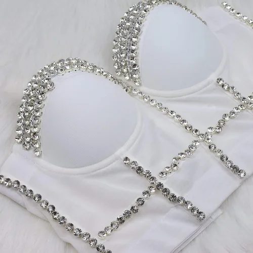 Vista 5 de ELLACCI Top corto de malla con cadena de diamantes blancos para mujer corsé push up con correa desmontable Blanco