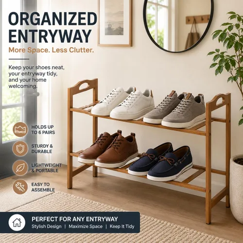 Vista 3 de Basicwise Zapatero de almacenamiento de bambú, organizador de zapatos de pie (2 niveles)