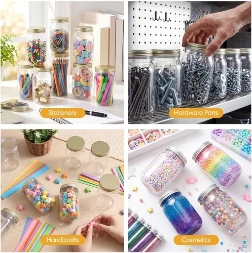 Vista 6 de Gerrii 12 tarros de plástico transparente de 16 onzas con tapas, vasos de cóctel rellenables, envases de avena vacíos durante la noche, recipientes