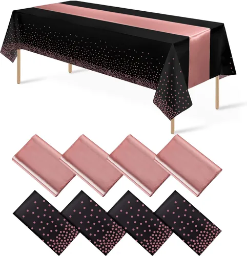 Vista 18 de 8 paquetes de manteles de plástico desechables y juego de camino de mesa de satén negro con dorado, mantel de satén dorado para graduación, boda