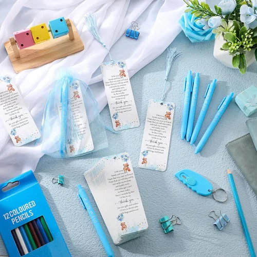Vista 4 de Geyoga 50 juegos de marcadores para baby shower, 50 bolígrafos para baby shower, 50 marcadores y bolsas de organza para invitados, premios para Azul