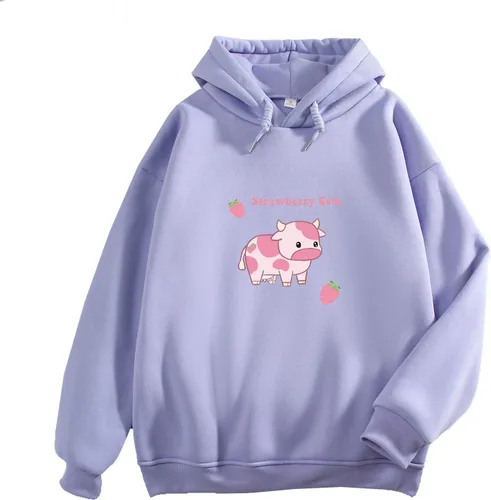 Vista 6 de KEEVICI Sudaderas con Capucha de Manga Larga para Mujer Lindas con Estampado de Fresas y Vacas Suéter Casual de Peluche Albaricoque