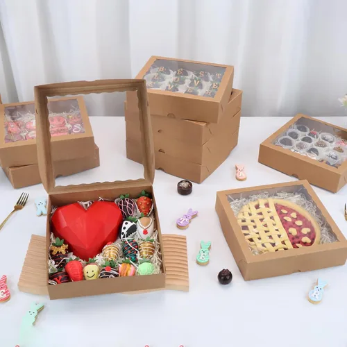 Vista 2 de TEMLQPACK 6 piezas cajas de panadería marrones de 10 x 10 x 2.5 pulgadas con ventana, tartas, galletas, fresas cubiertas de chocolate, corazón