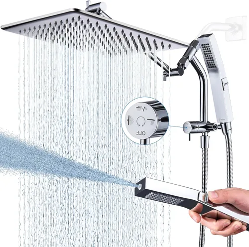 Vista 13 de G-Promise Cabezal de ducha de lluvia de metal completo de 10 pulgadas con modo de lavado de potencia incorporado manual, desviador de 3 vías