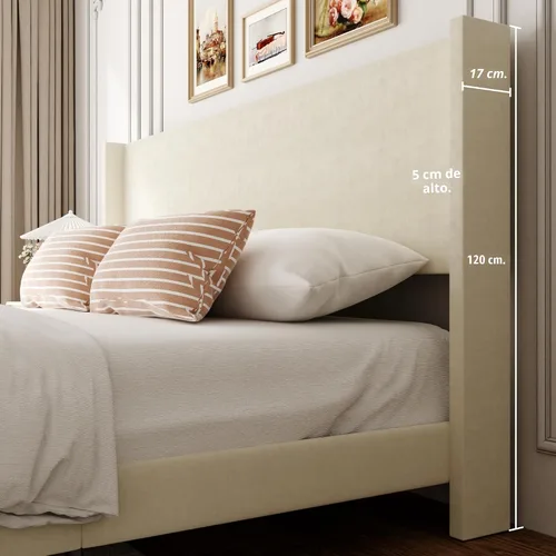 Vista 5 de Sismplly Base de cama matrimonial con cabecera con respaldo de ala, cama de plataforma tapizada de terciopelo, listones de madera fuertes, Beige