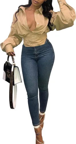 Vista 2 de Remelon Blusa de manga larga abombada con cuello en V y botones para mujer