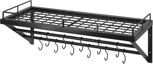 Vista 8 de YATINEY Estante para ollas, estante de pared de 30 pulgadas, organizador de ollas y sartenes de cocina con rieles colgantes de 2 niveles, 12 ganchos