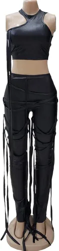 Vista 3 de MESLIMA Vendaje para mujer 2 piezas camiseta sin mangas elástica irregular con cordones ajustado pantalones largos divididos ropa de club