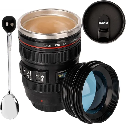 Vista 9 de Taza de café con lente de cámara, taza de café de viaje, taza de lente de acero inoxidable, termo con tapa y cuchara, regalos geniales