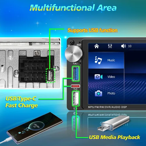 Vista 4 de Radio de pantalla táctil monodinar, estéreo HD IPS de 6.9 pulgadas con Apple CarPlay inalámbrico y Android Auto, Bluetooth 5.2, perilla física