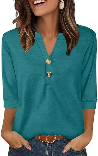 Vista 28 de OFEEFAN - Camisetas de manga 3/4 estilo Henley para mujer, blusas de moda de otoño 2025, atuendos escolares para maestras Raya