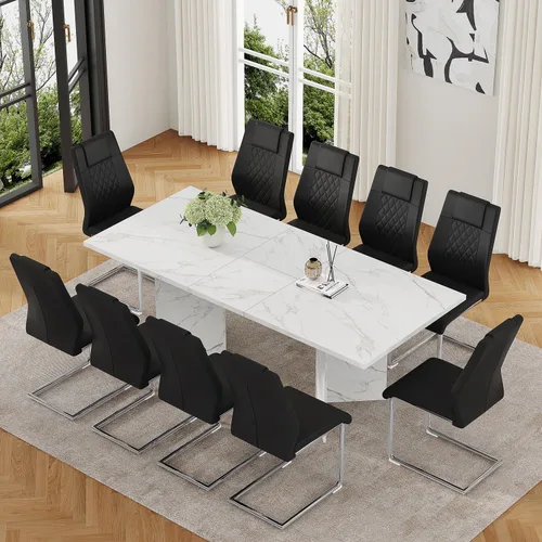 Vista 11 de Juego de mesa de comedor extensible de 63 a 79 pulgadas para 4, juego de mesa de cocina de mármol sintético blanco para 4, juego de mesa de comedor