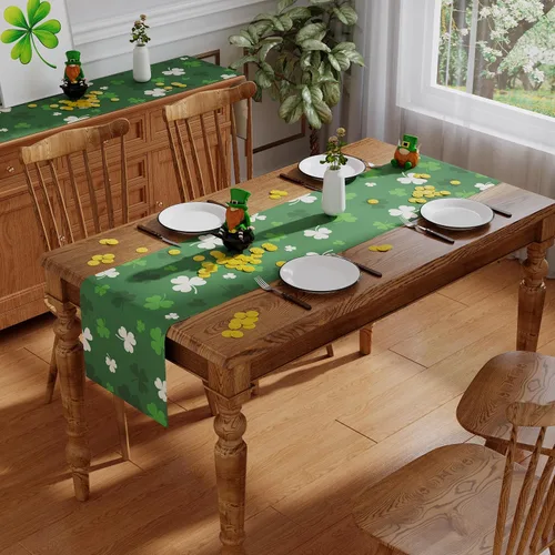 Vista 4 de Siilues Camino de mesa del día de San Patricio, decoraciones del día de San Patricio, trébol verde, decoración de mesa de primavera para fiesta