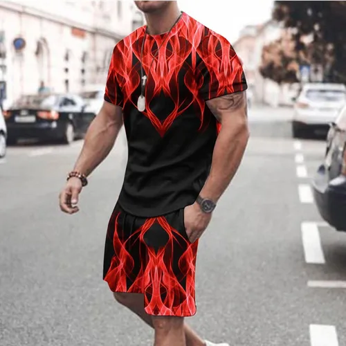 Vista 2 de Traje deportivo piezas hombre estampado manga corta cuello redondo camisa pantalones cortos pantalón chándal 2 piezas