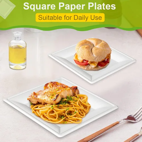 Vista 4 de Platos de papel cuadrados, platos de papel de 6 pulgadas, paquete de 100 platos de postre compostables ecológicos, pequeños platos desechables
