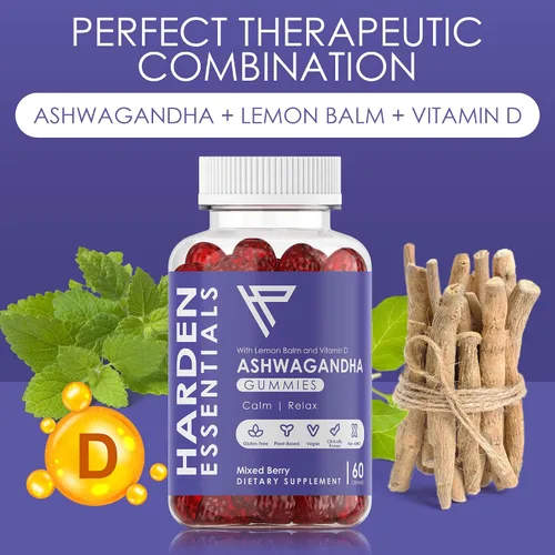 Vista 4 de KSM-66 Ashwagandha Gummies 750mg por gomita – 1,500 mg por porción – Apoyo al estrés y cortisol – con bálsamo de limón y vitamina D – 60