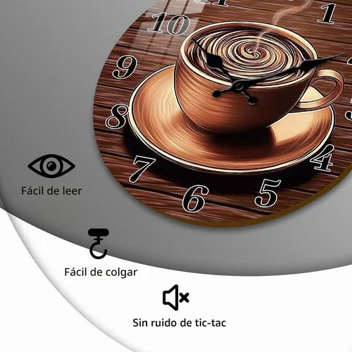 Vista 6 de Reloj de pared de taza de café para cocina de 10 pulgadas – Reloj de pared vintage a pilas – Relojes de pared de madera silenciosos sin tictac