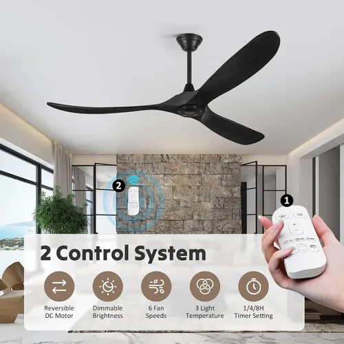 Vista 2 de Ventilador de techo negro sin luz, 52 pulgadas, moderno, para interiores y exteriores, 3 aspas, a prueba de humedad, ventilador de techo de madera