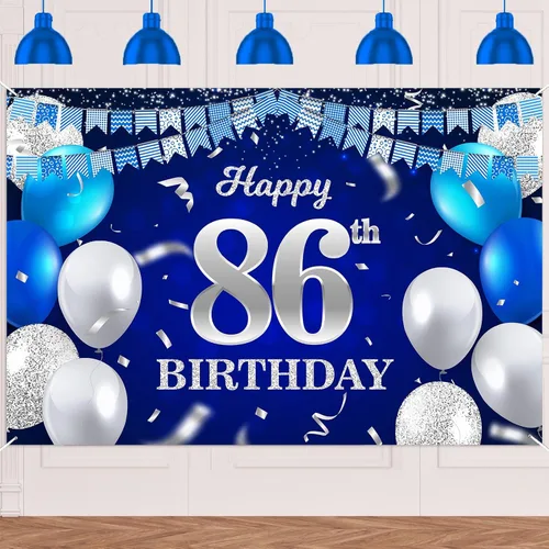Vista 95 de Bandera de feliz primer cumpleaños con fondo azul marino, globos, confeti, bandera de rayas, luces de puntos, felicitaciones por el tema de 1 año