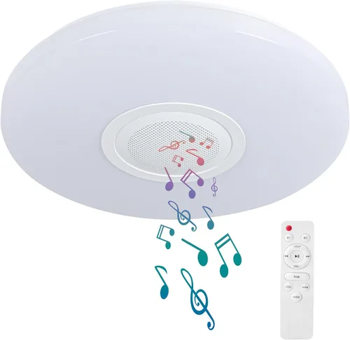 Vista 13 de Lámpara de techo LED inteligente impermeable de montaje empotrado, con altavoz Bluetooth, 28 cm, 18 vatios, lámpara de música regulable, luz RGB