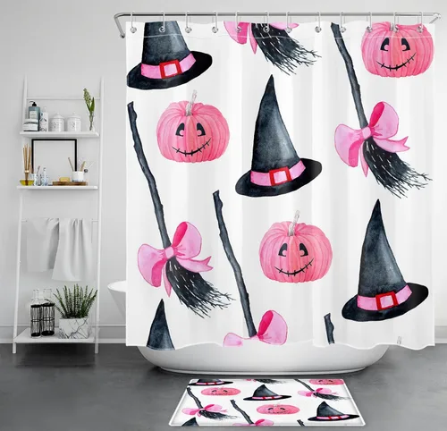Vista 26 de LB Cortina de ducha de feliz Halloween para baño, flamenco rosa y calabaza naranja con sombrero mágico, cortina de ducha de tela con ganchos, juego