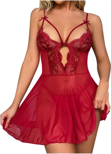 Vista 3 de Pijama sexy transparente con correa hueca para mujer, lencería de encaje, camisón transparente con bata