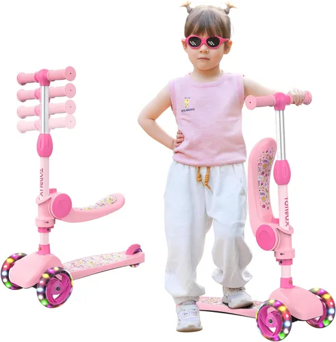 Vista 9 de TONBUX Kids Scooter with Seat, 3 Wheels Scooter with PU Luminous Wheels, Non-Slip Handle and Wide Deck, Sensitive Brakes, 4-Level Adjustable Height