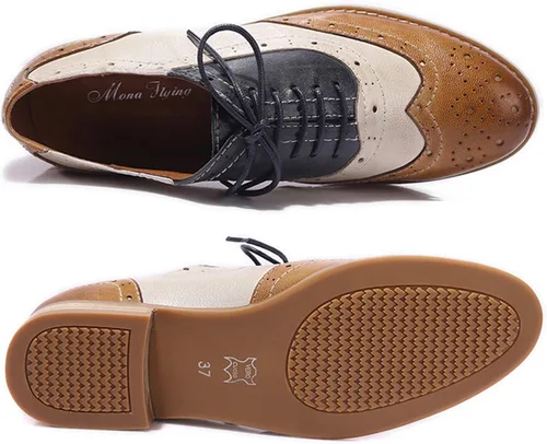 Vista 4 de Mona flying Zapatos de cuero perforados con cordones Oxfords Brogue Wingtip Derby para mujer