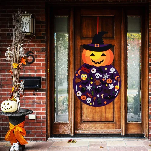 Vista 6 de THAWAY Decoración colgante de bruja de calabaza de fieltro de Halloween, manualidades y kits de fieltro, adornos adhesivos, decoraciones de fiesta