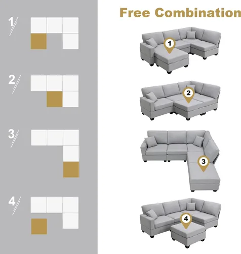 Vista 111 de Quarte Sofá seccional en forma de U, sofá modular con dos asientos individuales, dos sillas, combinación de bricolaje, tela de hilo en bucle Beige/5