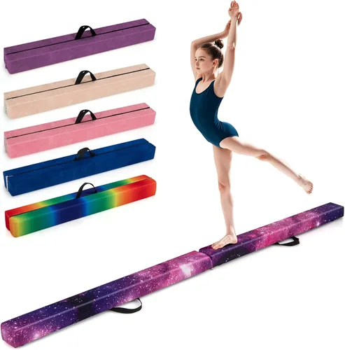 Vista 10 de Giantex Haz de equilibrio de 7/8/9 pies, haz de gimnasia plegable con asas de transporte, base de goma antideslizante para niños, haz de gimnasia