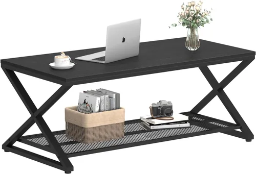 Vista 3 de LVB Mesa de café negra, mesas centrales de 2 niveles de metal y madera con estante de almacenamiento, mesa de té moderna rectangular para el cóctel